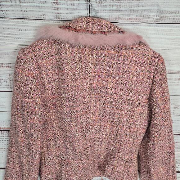 Cynthia Steffe Pink Tweed Blazer S Faux Fur Sequin Pearl Preppy Glam Lux Jacket - Picture 6 of 15